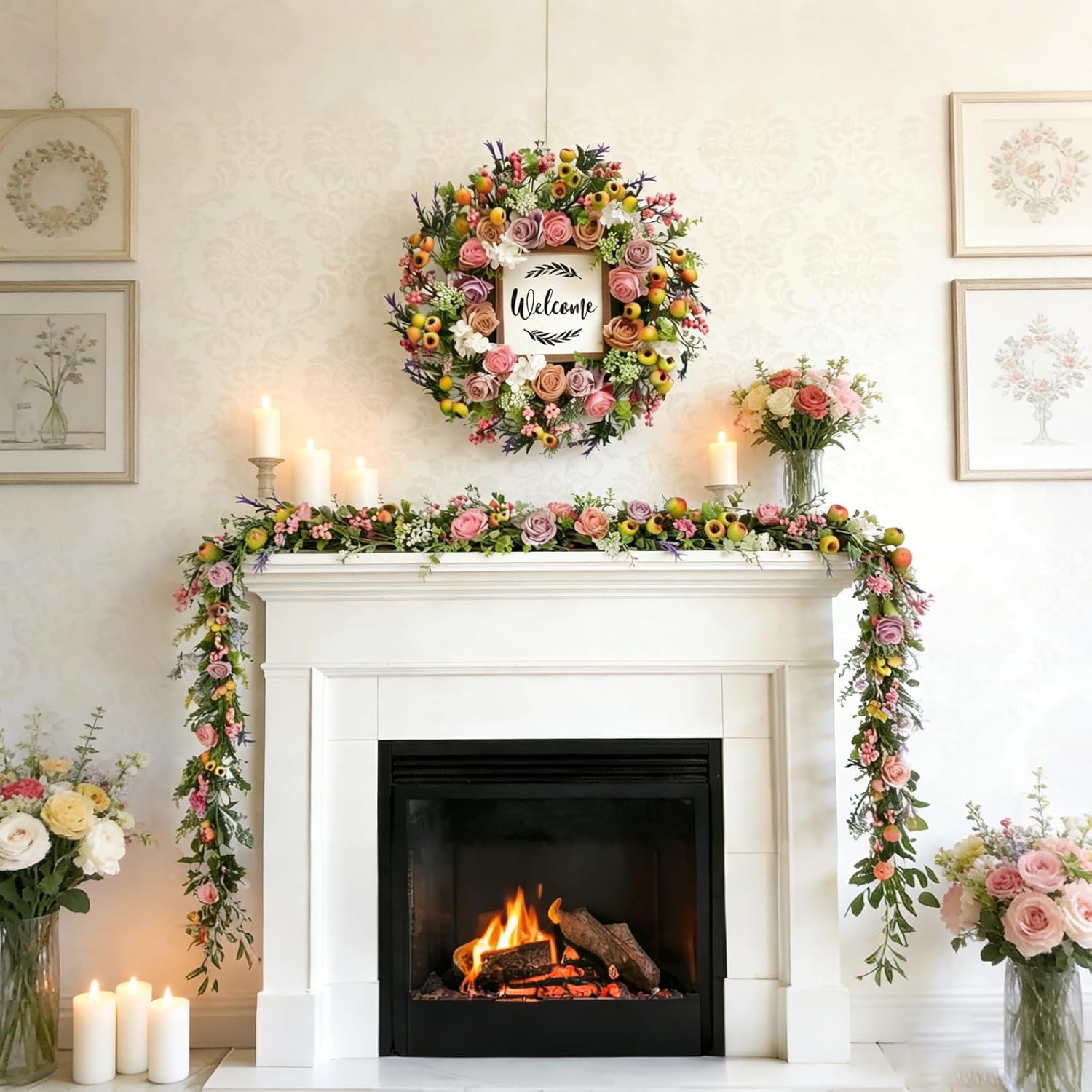 Bibelot 6FT Hydrangea Rose Spring Garland, Purple Pink Spring Summer Eucalyptus Vine, Artificial Flower Garland for Mantle Fireplace Wedding Indoor Outdoor Home Decor