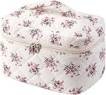 uekeboag Large Travel Quilted Makeup Bag for Women, Floral Cotton Cosmetic Bag, Coquette Aesthetic Floral Toiletry Organizer Bag