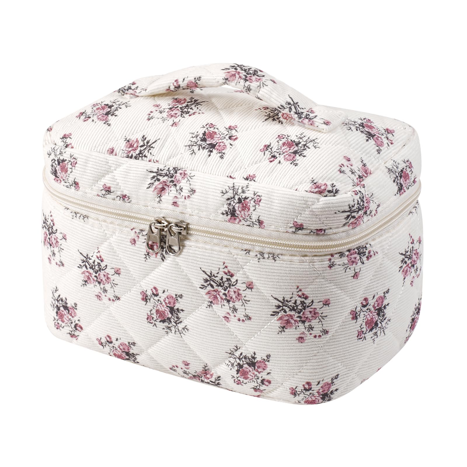 uekeboag Large Travel Quilted Makeup Bag for Women, Floral Cotton Cosmetic Bag, Coquette Aesthetic Floral Toiletry Organizer Bag