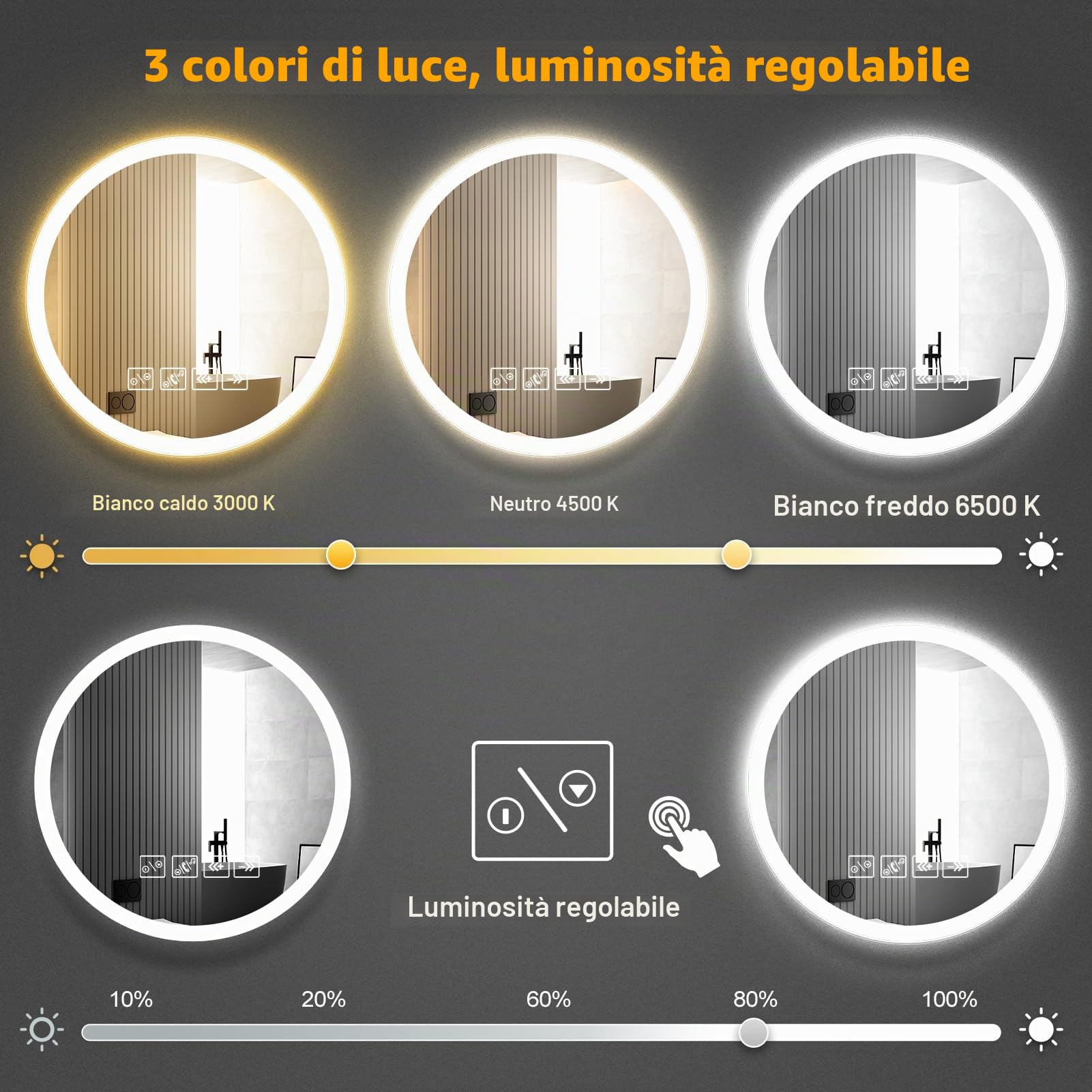 Specchio da bagno con luci LED da parete, antiappannamento, dimmerabile in 3 colori, LED, vetro temperato HD, specchio intelligente Bluetooth, bagno, 60 x 60 cm