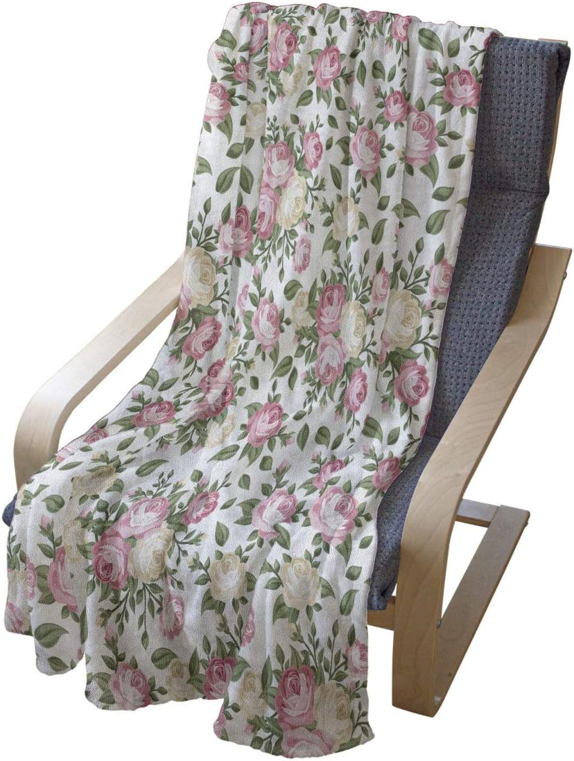 Lunarable Flower Throw Blanket, Roses Rosebuds Leaves Bouquet Flower Arrangements Bridal Victorian Style, Flannel Fleece Accent Piece Soft Couch Cover for Adults, 70" x 90", White Pink
