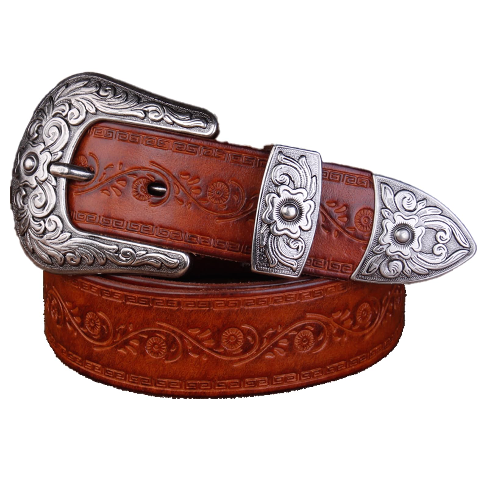 Cinture occidentali extra lunghe da 105-150cm per uomo e donna Cowgirl, cinture in vera pelle country con goffratura floreale cowboy per jeans, larghezza 35 mm