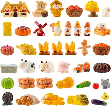Exasinine 46PCS Mini Fall Figurines Thanksgiving Mini Resin Figurines Autumn Tiny Resin Farm Miniature for DIY Crafts Fairy Garden Thanksgiving Decorations