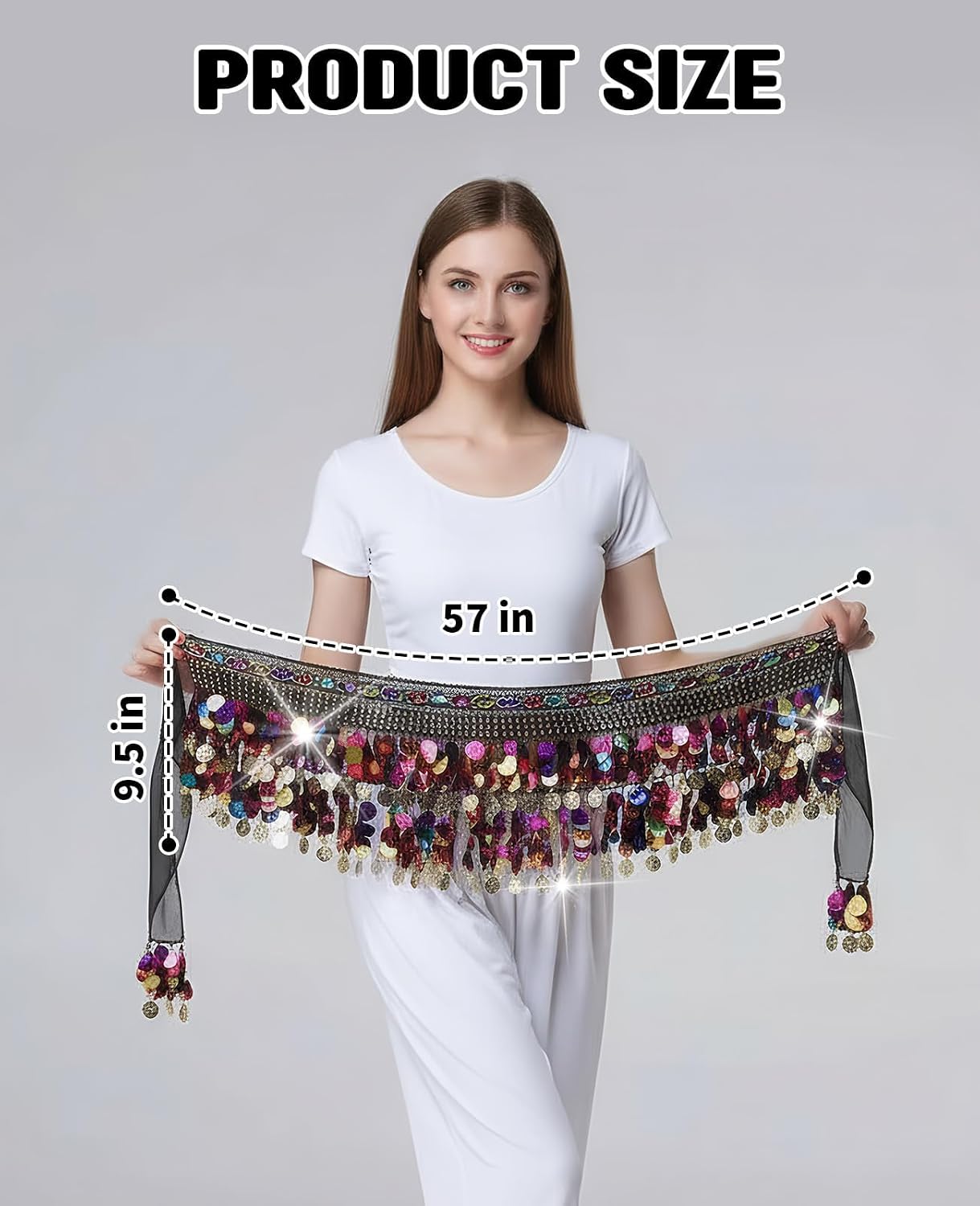 Belly Dance Hip Scarf for Women, Dancer Dancing Skirt with Gold Coins and Numerous Colored Sequins