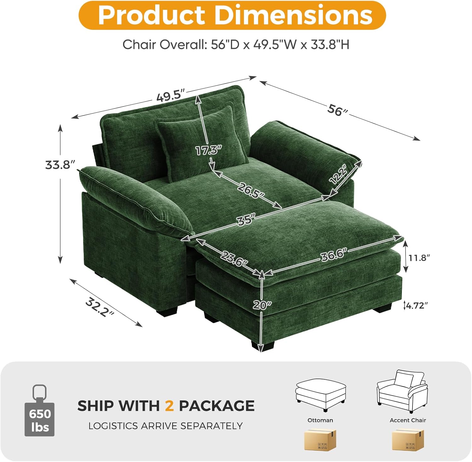 HUSFU 49.5" Oversized Accent Chair, Single Seat Sofa with Ottoman, Chenille Comfy Cloud Couch Deep Seat Upholstered Modern Sofa, Easy Assembly for Living Room, Bedroom and Apartment, Green
