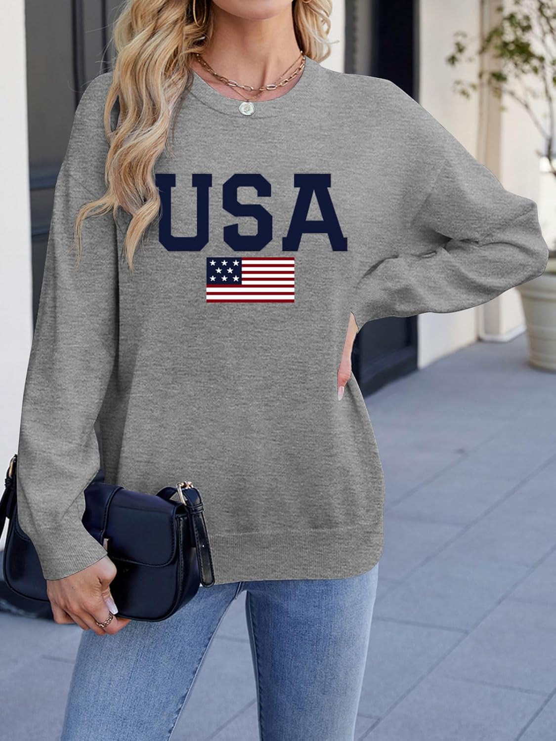 Lacozy Womens Sweater Crewneck USA Graphic Long Sleeve Tops Lightweight American Flag Sweatshirt 4th of July Outfits - Image 2