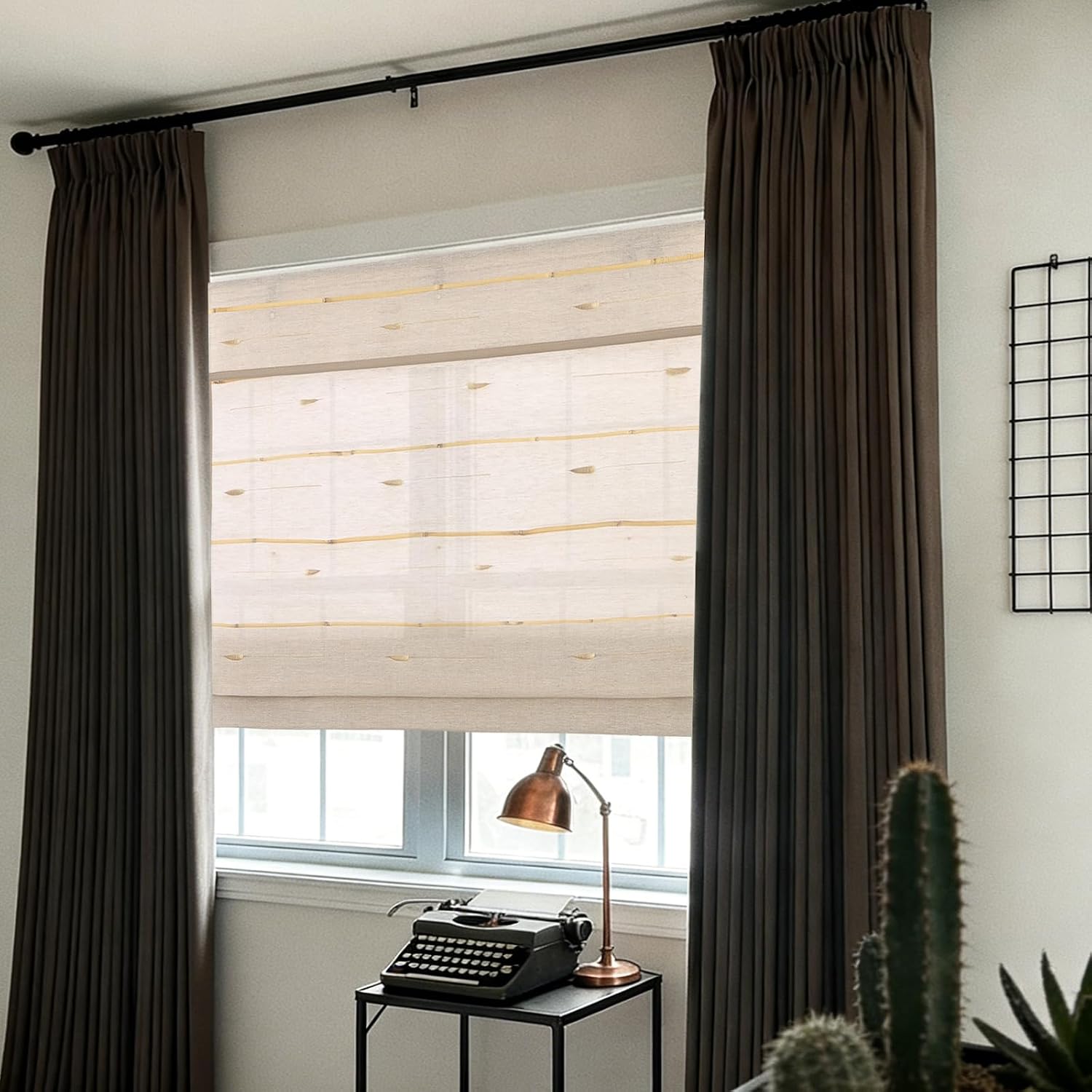 LETAU No Drill No Tools Cordless Nature Window Blinds Shades, Natural Flax Reed Roman Shades, Pattern 7