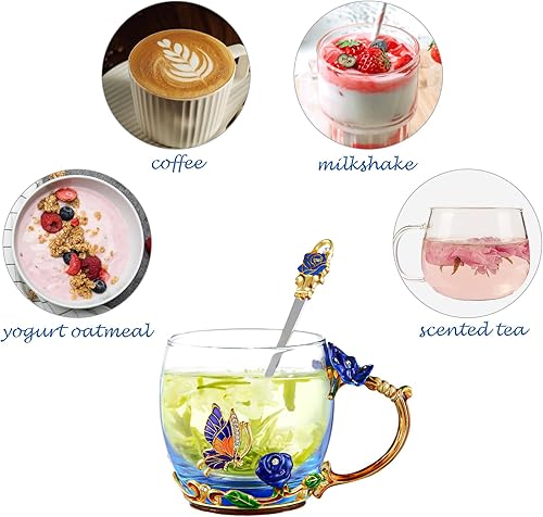 Vista 41 de Taza de té de flores, taza de café de cristal transparente con cuchara, caja de regalo para su madre, esposa, abuela, niñas, amigos, San Valentín