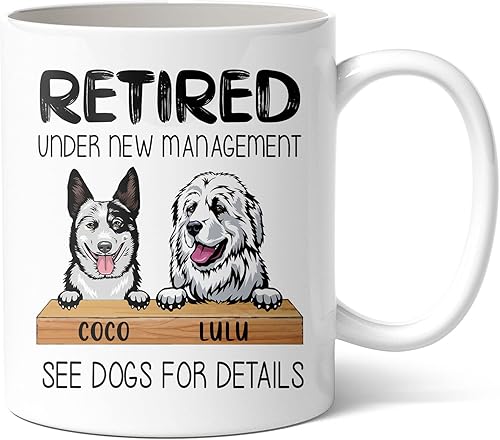 CUSGIFTS Taza de jubilación personalizada Jubilado bajo nueva gestión, ver perros para más detalles, taza de café, regalos de jubilación disponible en Yaxa Peru
