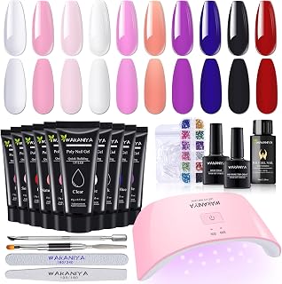 wakaniya Poly Gel Nail Kit with UV Lamp, 10 Nude Poly Gel Nail Colors for Nail Extension Gel Nail Kit Professional for Starter and Salon Professional Nail Art with Rhinestone Nail Stickers Slip Solution