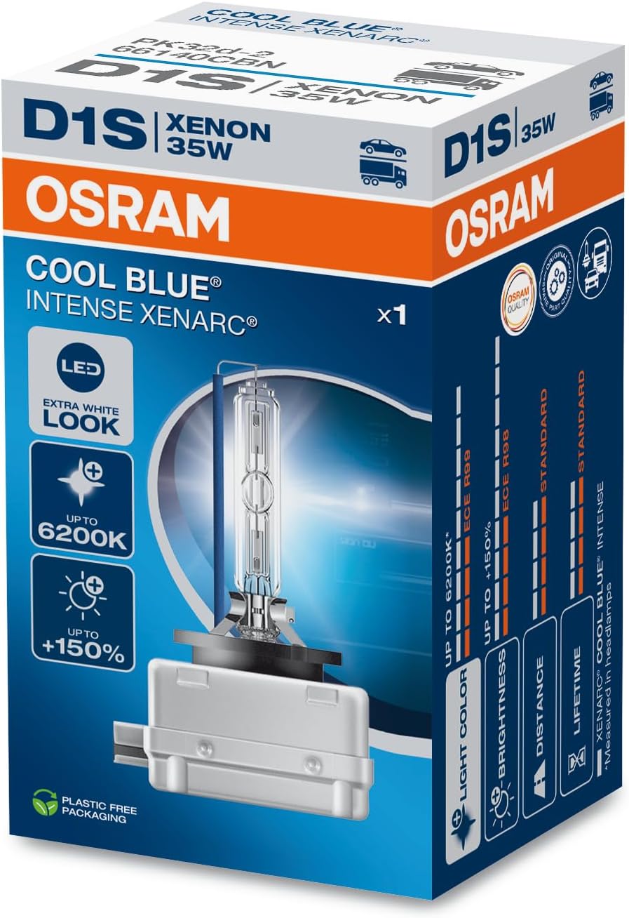 Osram Xenarc Cool Blue® Intense D1S, +150% More Brightness, Up To 6,200 K, Xenon Headlight Bulb, Led Look, Folding Box (1 Lamp)