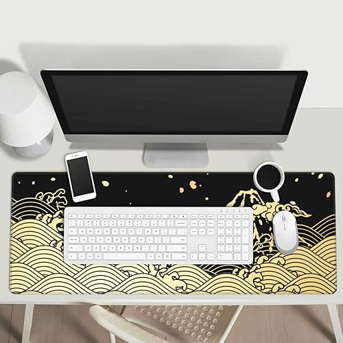 Miniatura 7 de Alfombrilla de ratón para videojuegos con onda japonesa dorada y negra XXL XL grande para escritorio, alfombrillas antideslizantes largas extendidas