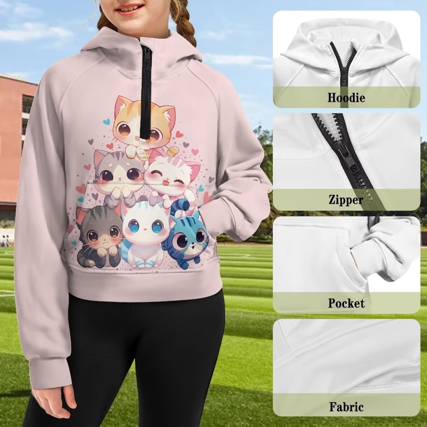 Half Zip Up Hoodies for Girls 5-14 Years Cropped Sweatshirt with Pocket Raglan Sleeve Fall Winter Clothes