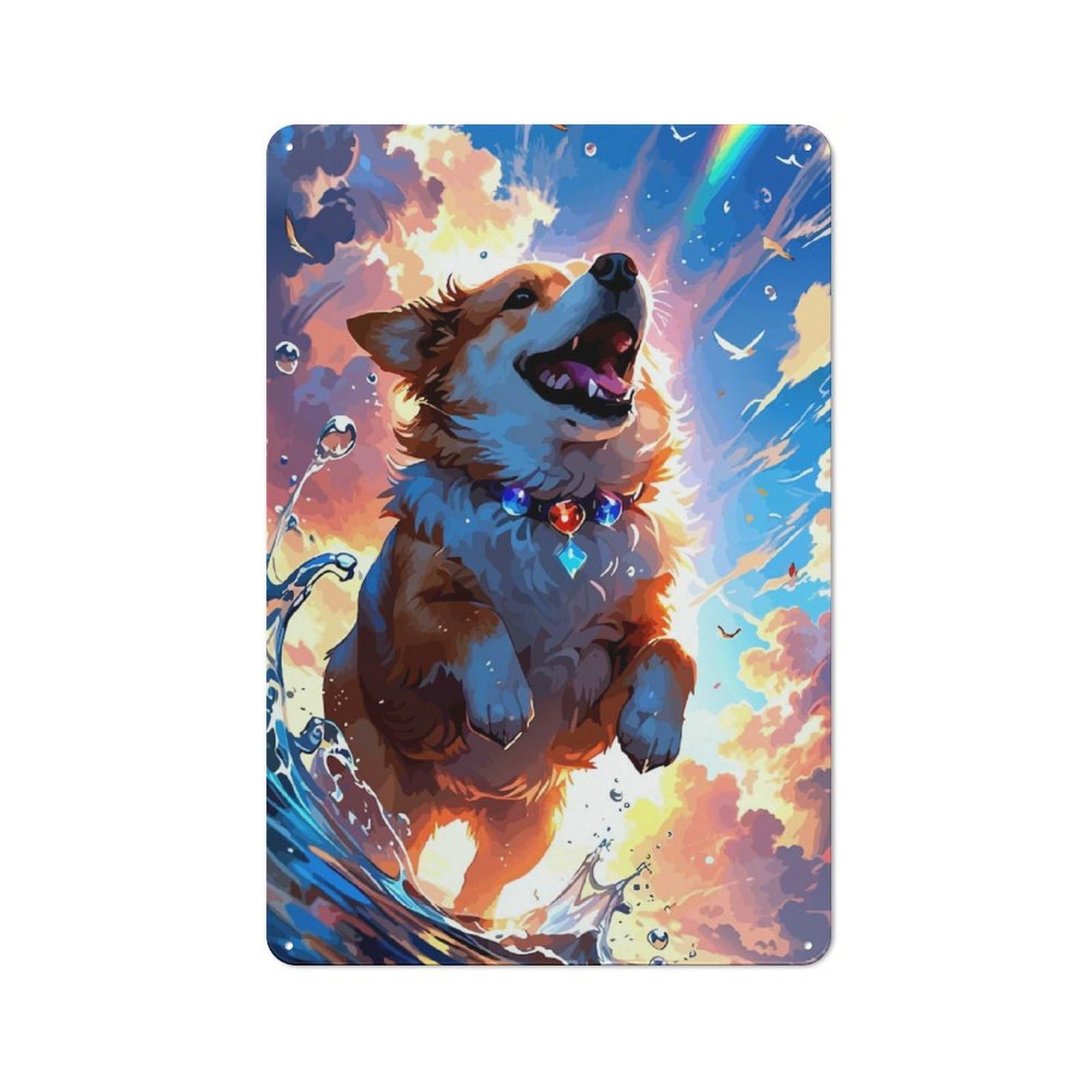 Junmoney Joyful Corgi In Water With Rainbow Retro Kitchen Metal Sign 30X20cm Featuring Bistro Wall Plaque For Restaurant, Kitchen, Counter Or Breakfast Nook