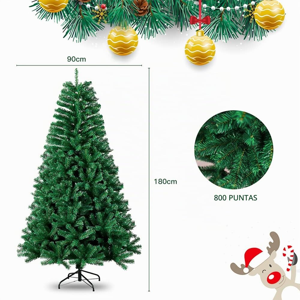 Árbol de Navidad Artificial Verde, 180cm, decoración de Navidad inflameable,Árbol de Navidad Frondoso con sporte metálico (1.8M800-verde)