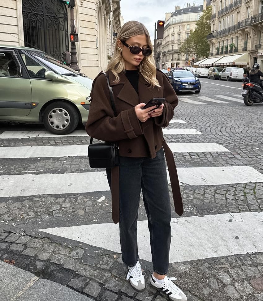 utcoco Womens Cropped Wool Coats Belted Double Breasted Pea Coat Short Jacket Notched Lapel Trench Coat with Pockets - Image 4