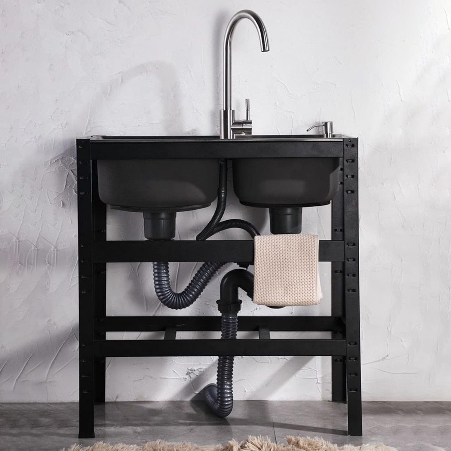 Double Bowl Black Utility Sink Free Standing Stainless-Steel Laundry Tub for Laundry Room/Garage Washing with Storage Shelf, Slop Sink Wash Station with Faucet