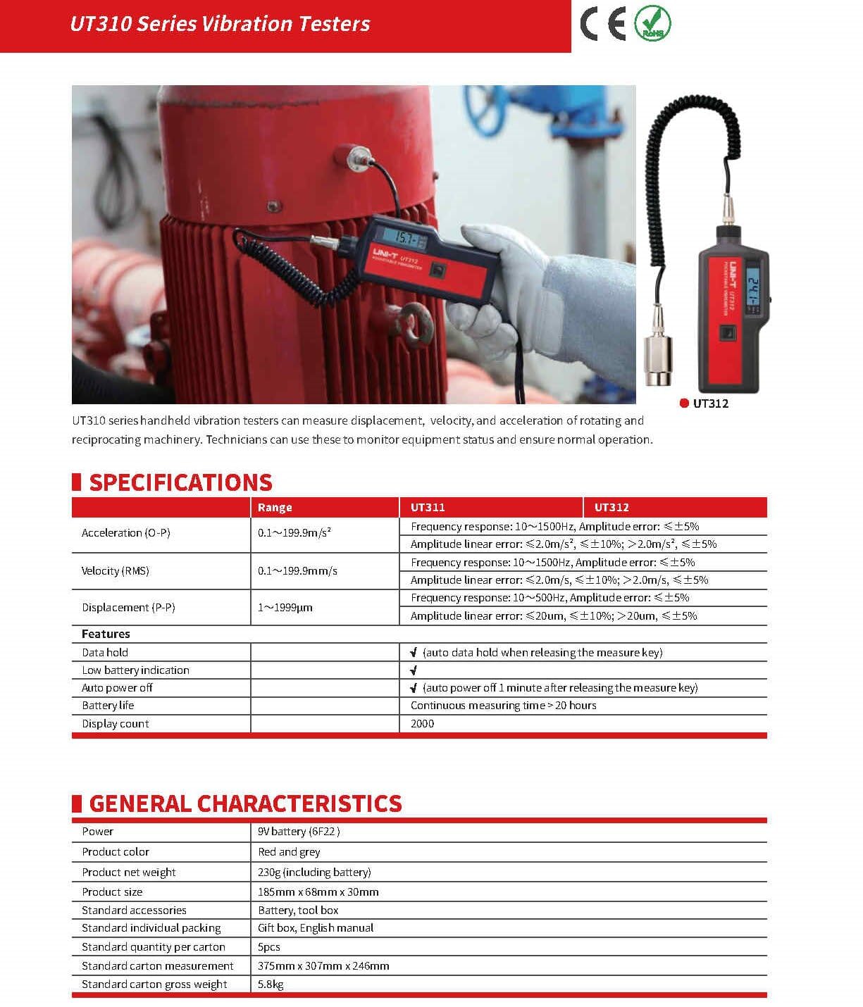UNI-T UT312 Split Type Vibrometer Digital Vibration Tester Acceleration Velocity Display Messung 2K Count LCD Display