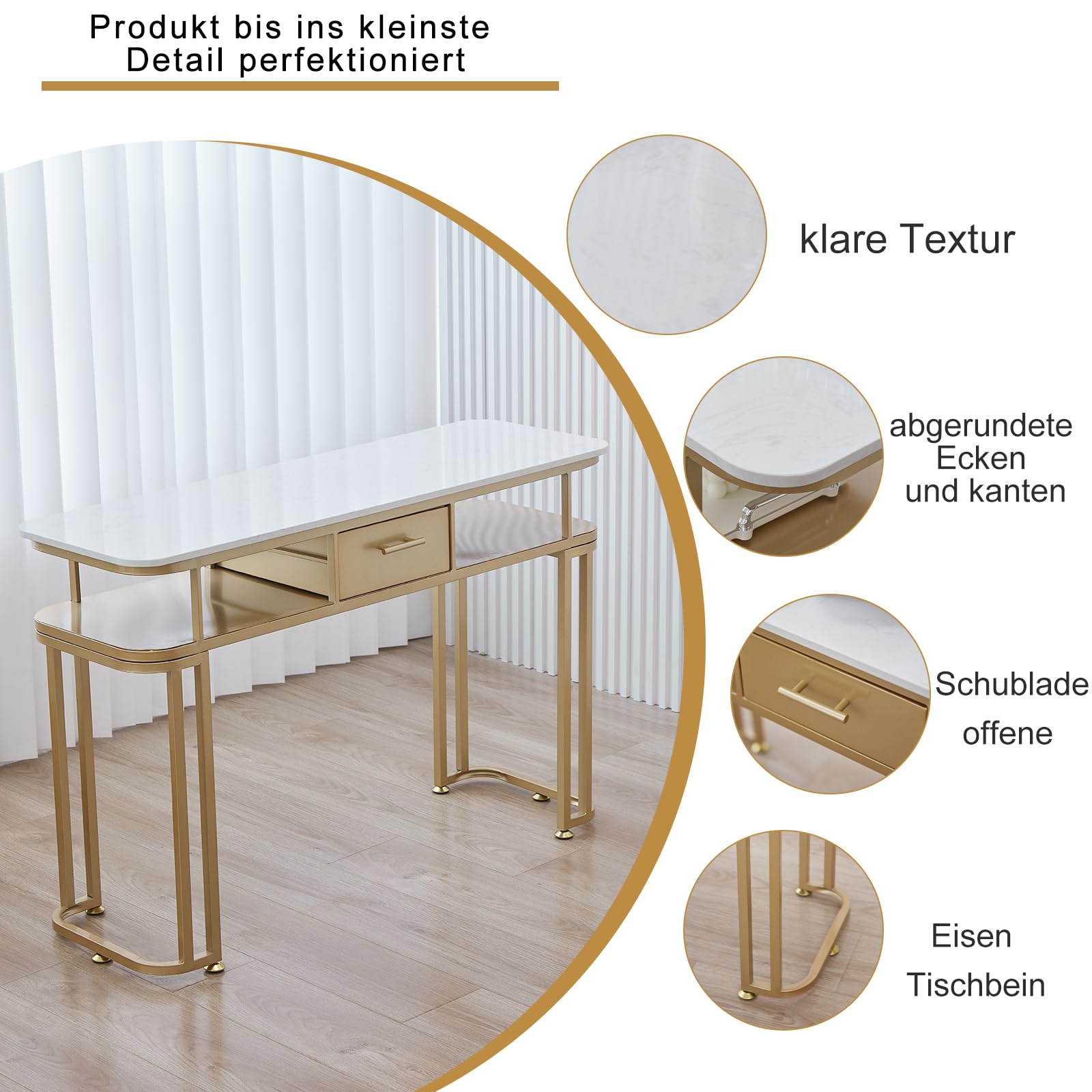 Tavolo per Unghie - Struttura in Metallo Resistente, Design Elegante, Piano in Marmo, Ampio Spazio, Montaggio Facile. (40 * 120 * 78CM, oro)