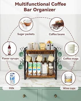 IBUYKE Kitchen Mug Cup Holder,2 Tier Coffee Bar Organizer,Brown TBJ006H