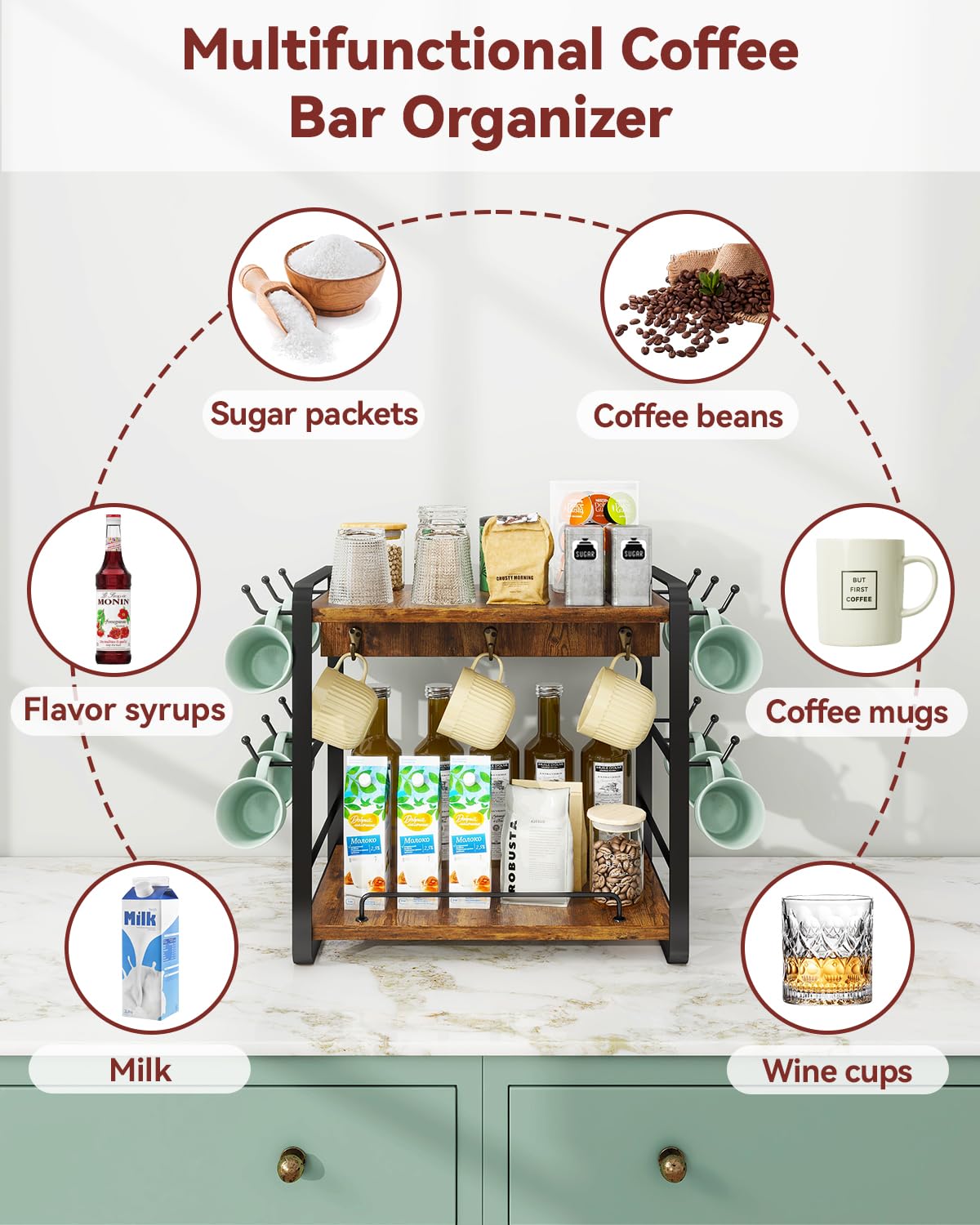 IBUYKE Organizador de Taza de Café,2 Niveles Soporte Tazas,Marrón TBJ006H | portavasos de Encimera de Cocina Soporte Tazas Cafe de Madera Con 18 Ganchos Organizador Cafe Para Oficina