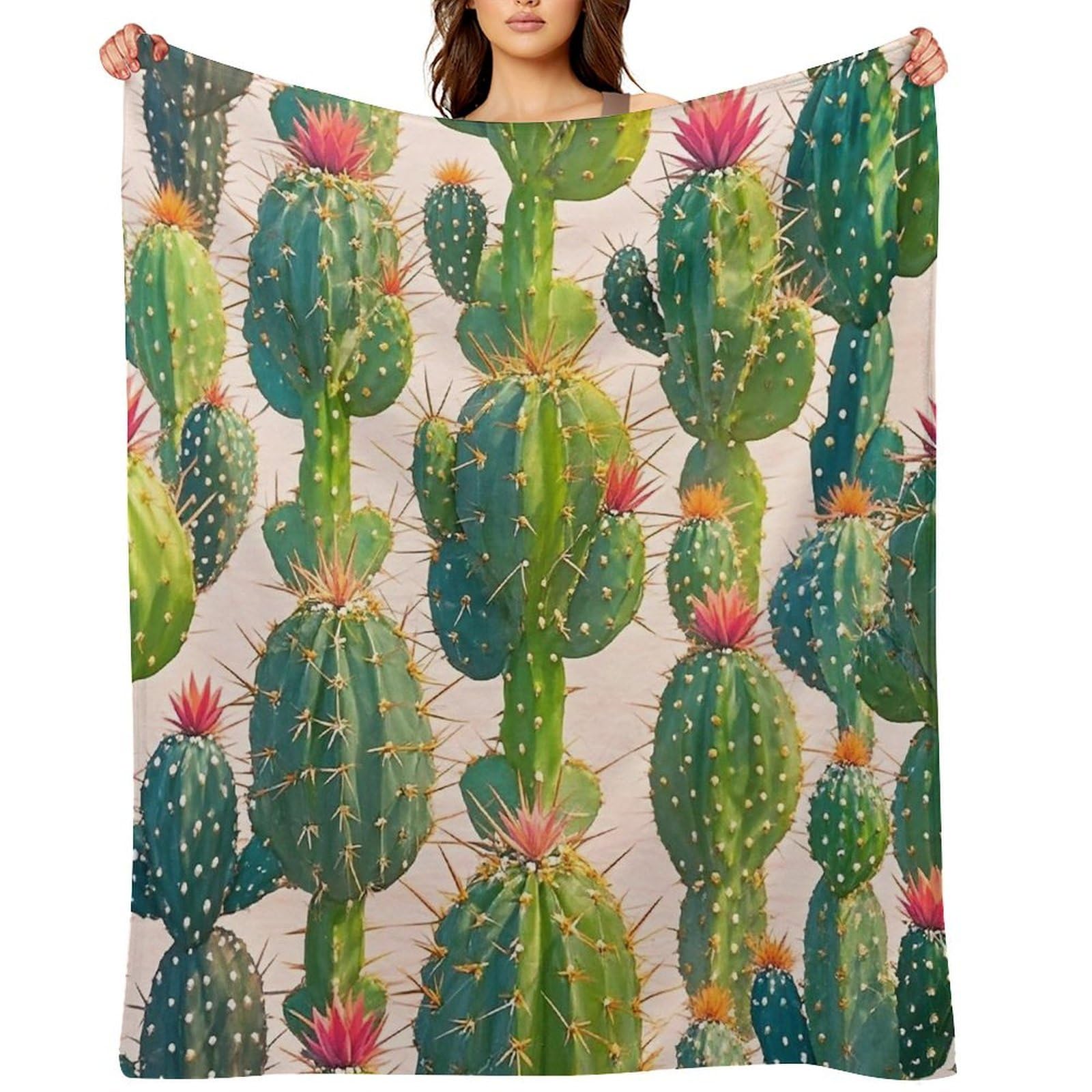 Flannel Green Cactus Pattern Throw Blanket for Couch Super Soft Fuzzy Cozy Flannel Blankets No Shed No Pilling FAnti-Static Winter Bed Blanket Decorative and Giftable Blankets