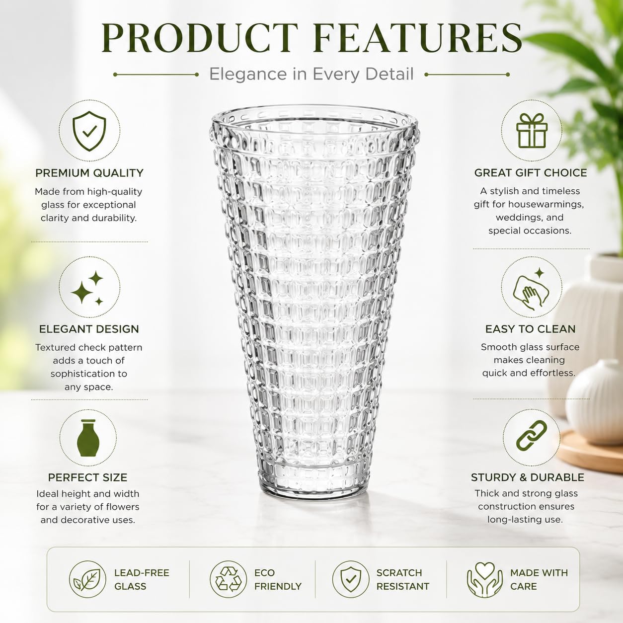 Pure Source India Premium Textured Glass Flower Vase 7 Inch Clear Decorative Vase, Modern Check Pattern Table Vase for Living Room, Dining Table, Office & Gift 3