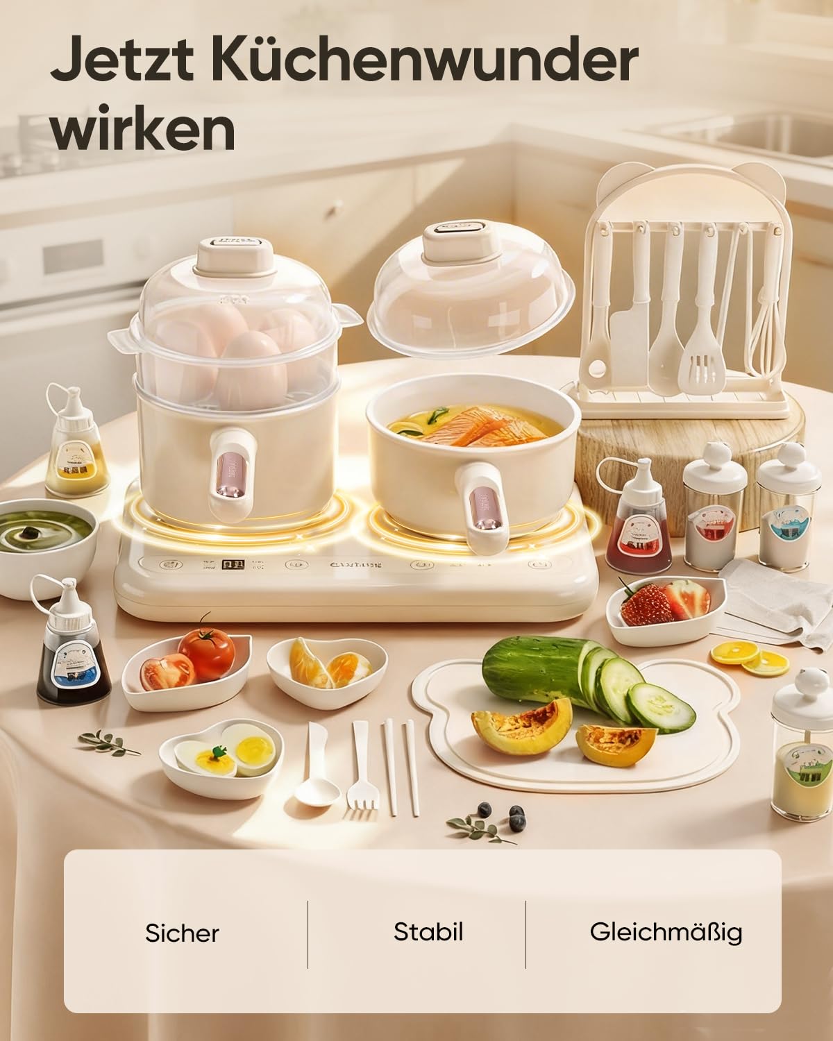 Hot Pot électrique à double plaque de cuisson - Mini multicuiseur électrique - Avec cuiseur vapeur et marmite à soupe - Compact, facile à nettoyer - Beige