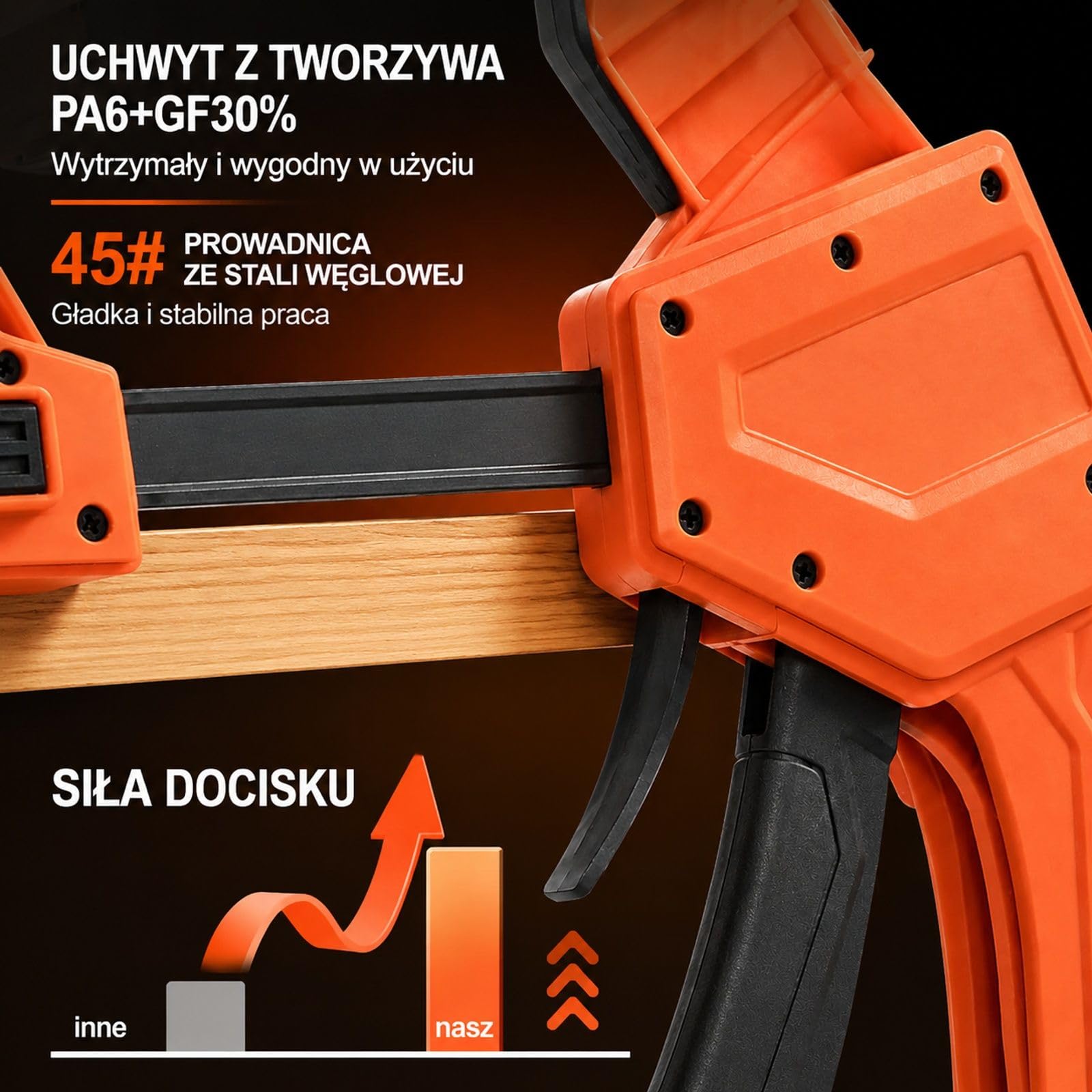 Zestaw 2 ścisków stolarskich F do obróbki drewna, korpus z tworzywa i szyna ze stali węglowej, pomarańczowo-czarny