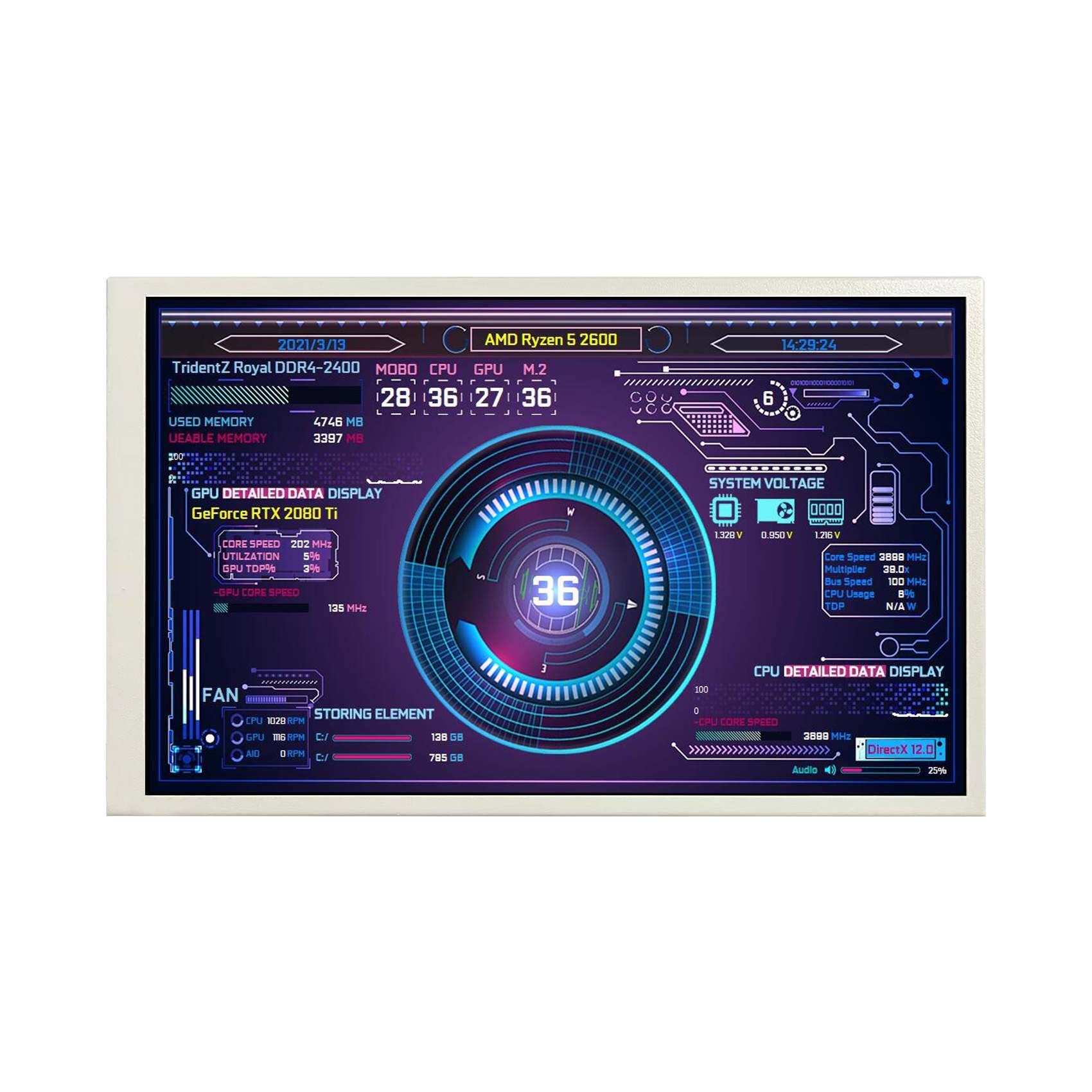 VSDISPLAY Écran LCD 10,1" 1280 x 800 - Écran LCD - Prend en charge l'éditeur de thème - Image dynamique - Surveillance de données RAM CPU GPU - Blanc