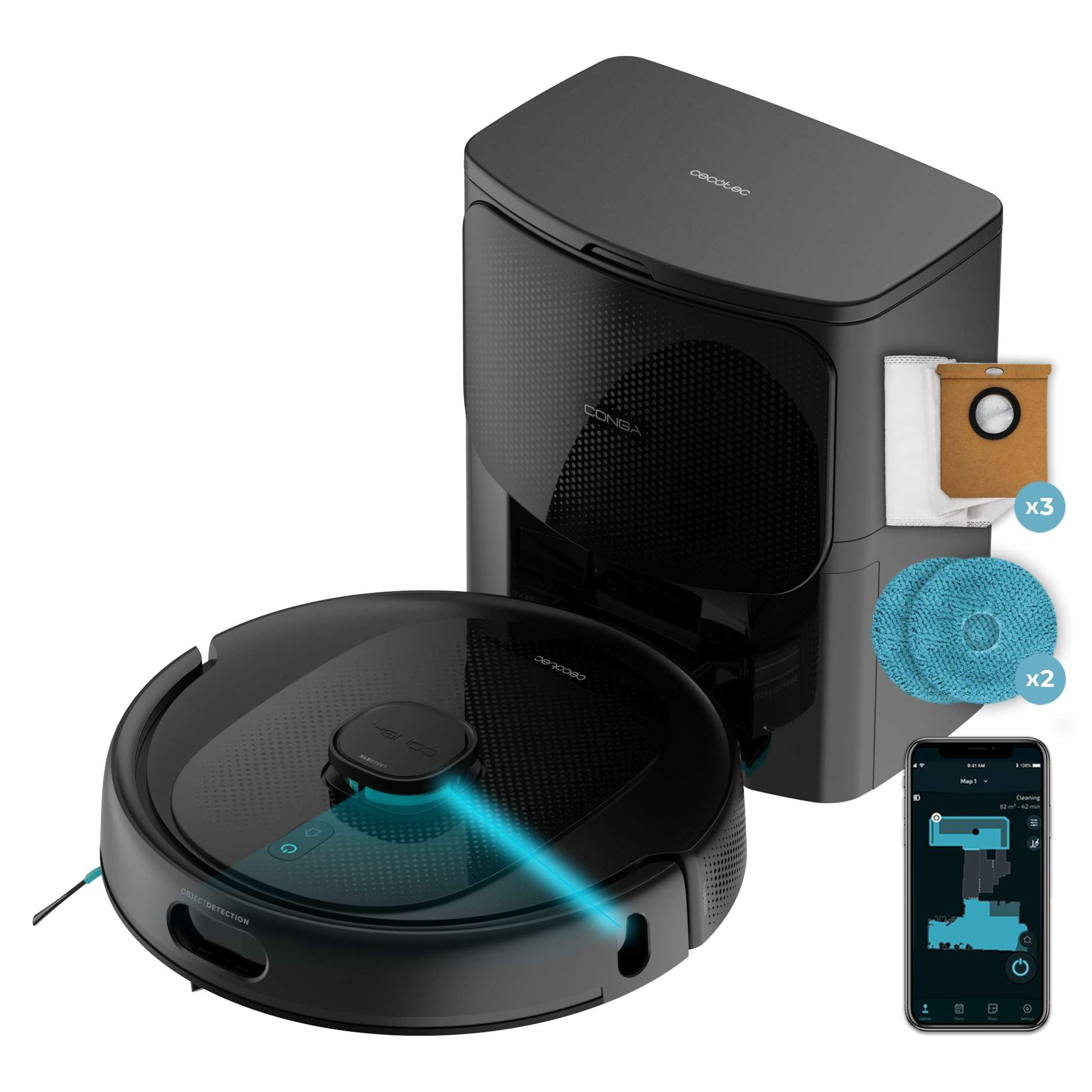 Cecotec Robot Aspirapolvere Conga 9990 AI Spin Revolution Ultra Power Home. 10.000 Pa, Navigazione Laser, Base di Autopulizia, Intelligenza Artificiale, Evita Oggetti, Controllo APP, 240 min Autonomia