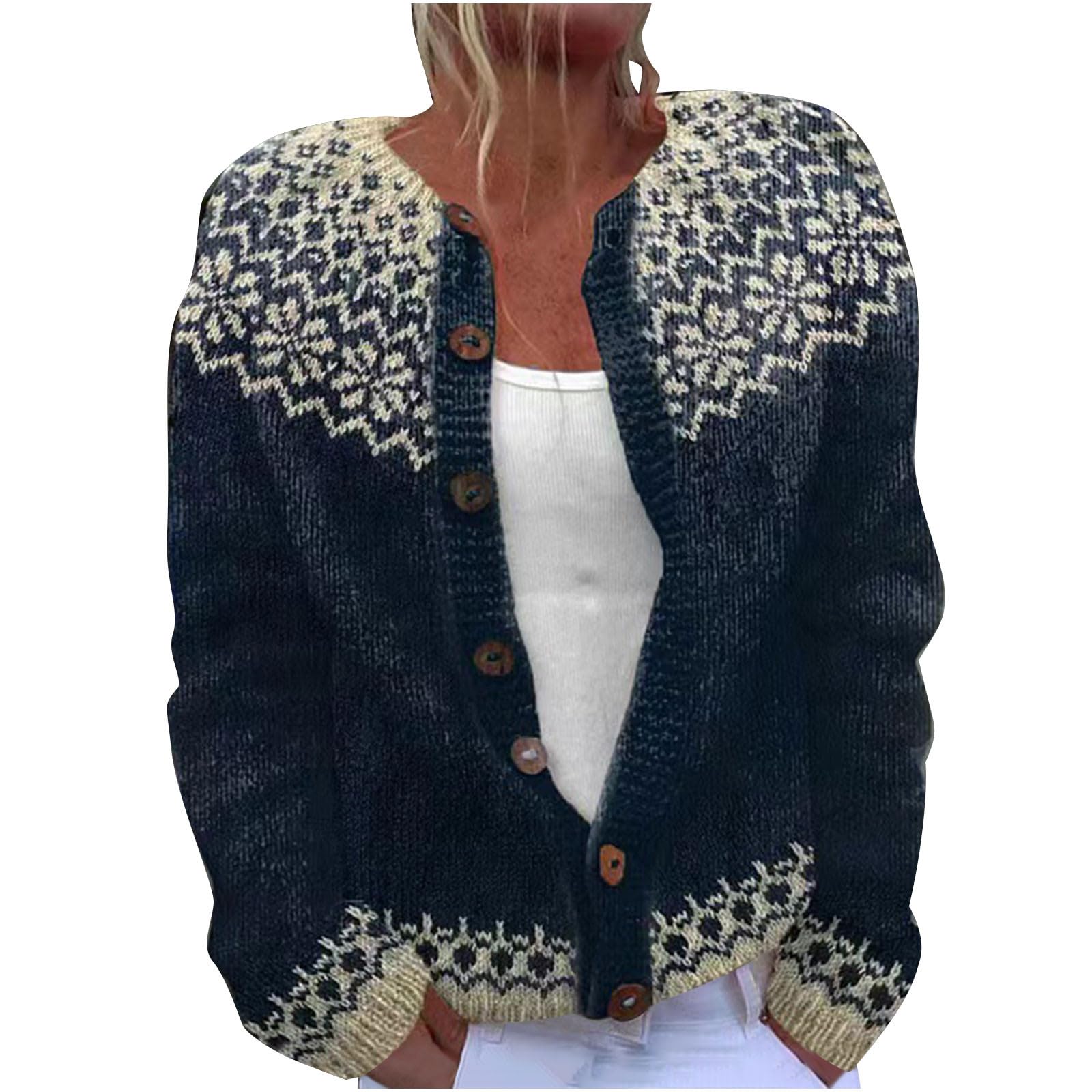 Oversized Vintage Fair Isle Sweater Coat for Women Button Down Cardigan Long Sleeve Crewneck Casual Fashion Outerwear