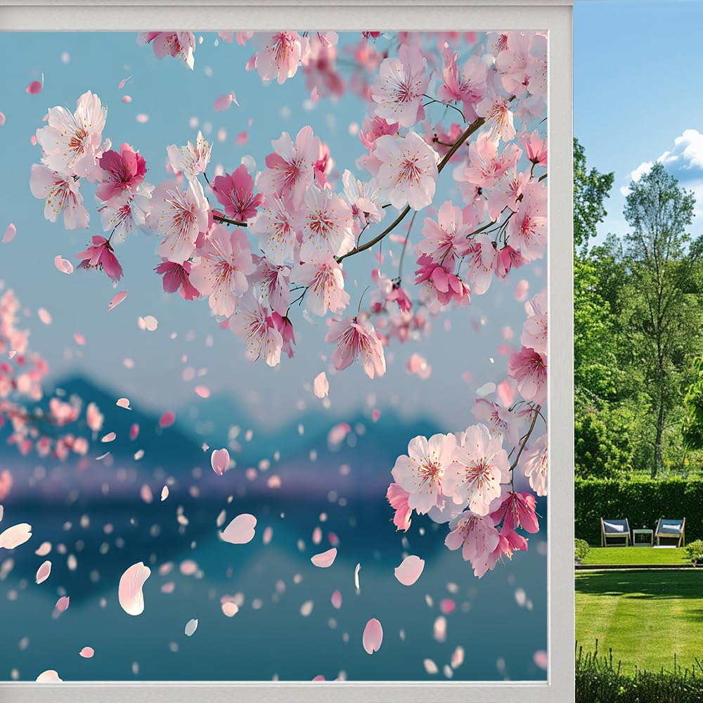 Japanese Cherry Blossoms Privacy Window Film, Colorful Floral Natural Scenery Frosted Self-Adhesive Vinyl Cling for Glass Doors Bathroom Windows Sun Blocking Heat Control,（45x60cm）