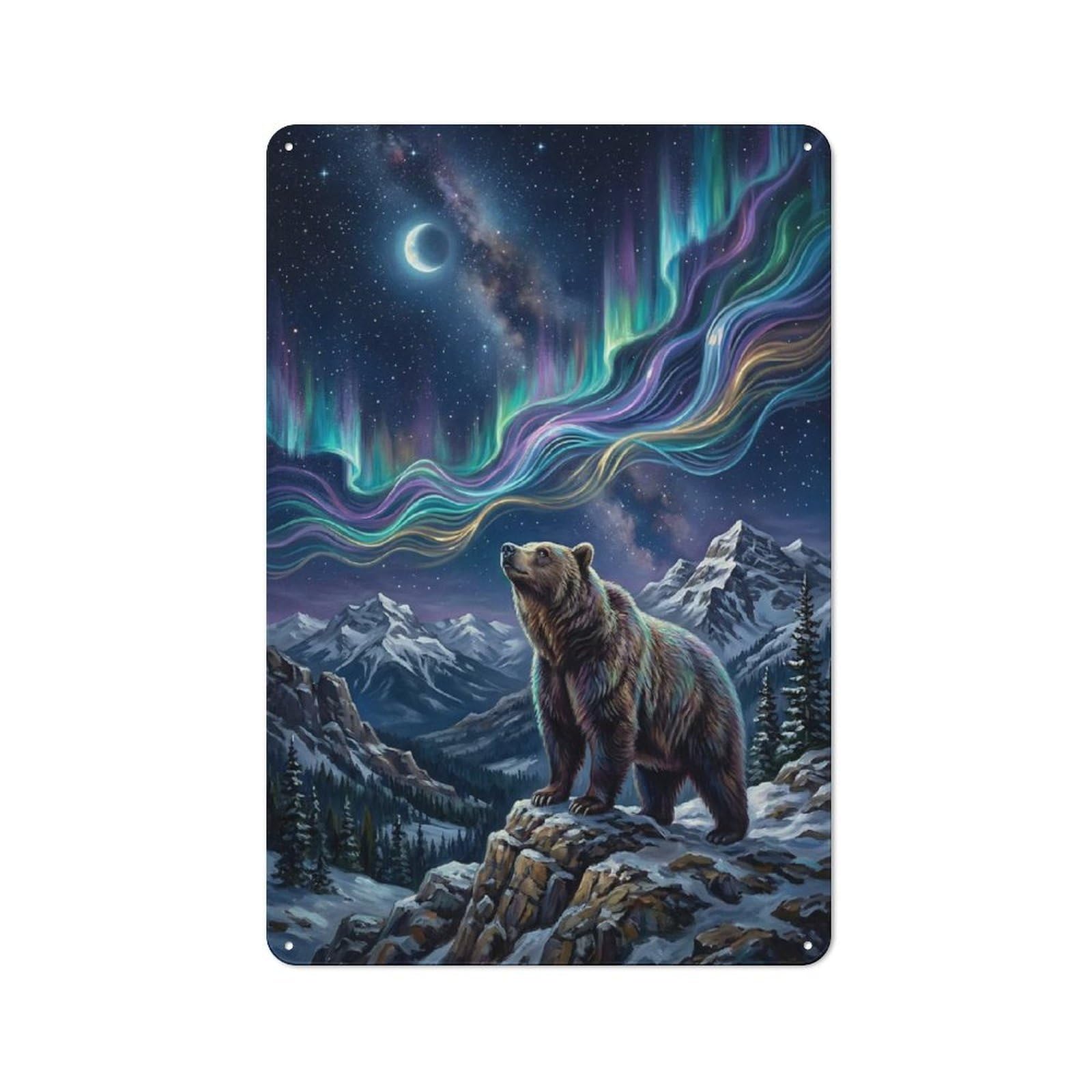 Bear Under Aurora Borealis Vintage Metal Plaque 30x20cm for Hobby Room Or Studio, Suited to Hobby Room Decor Fans