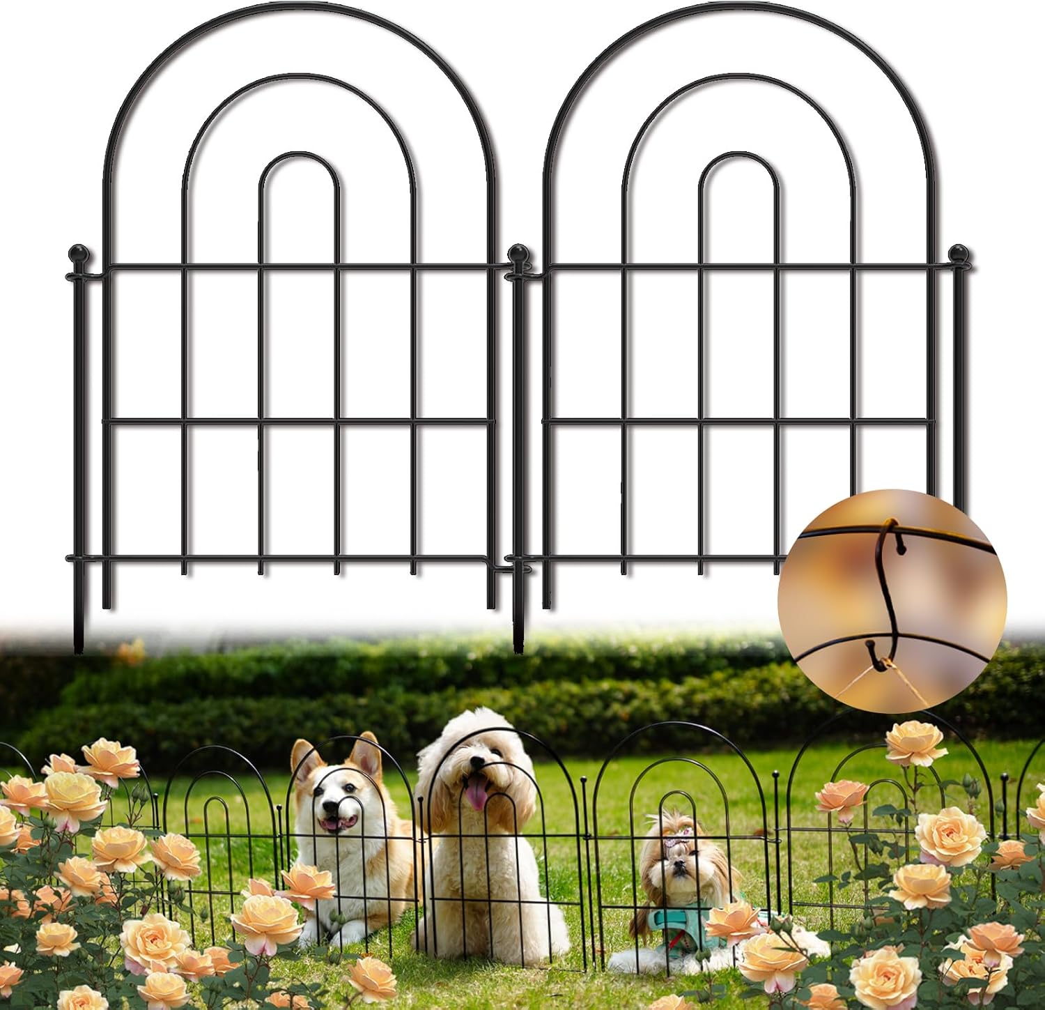 Garden Fence Panels, 17 in (High) x 12.6 ft (Long) Flower Bed Fencing for Small Animal Barrier, 10 Pcs Metal Decorative Fences Border with Hooks 10 Panels - above ground 17in(H) x 12.6ft(L)