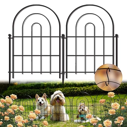 Garden Fence Panels, 17 in (High) x 12.6 ft (Long) Flower Bed Fencing for Small Animal Barrier, 10 Pcs Metal Decorative Fences Border with Hooks