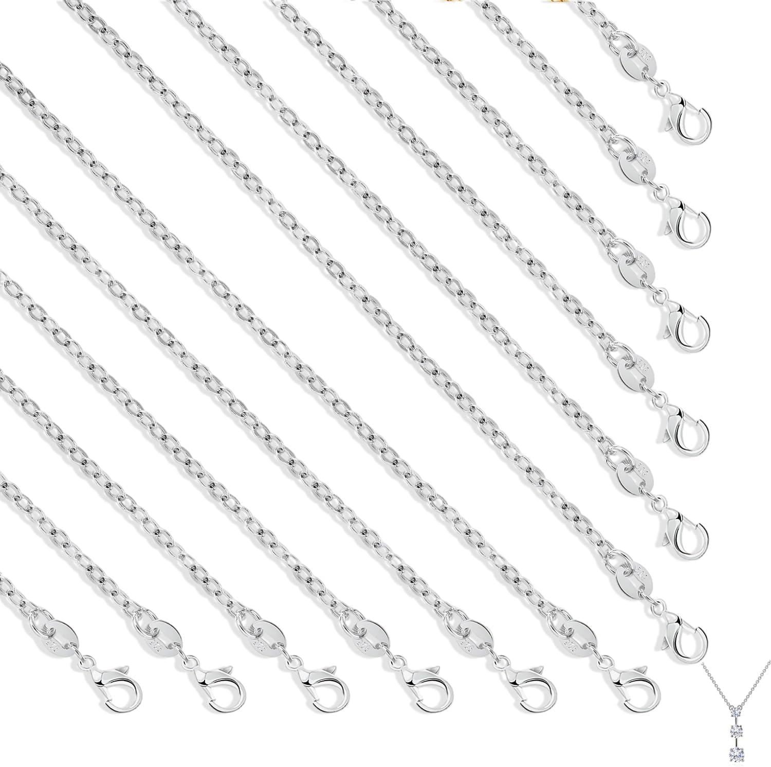 Devenirriche 925 Sterling Silver Plated Chains, 26 Pack Necklace Chains DIY Chains Bulk Link Necklace 925 Silver Plated with Lobster Clasps for Jewellery Making (18Inches 1.5mm)