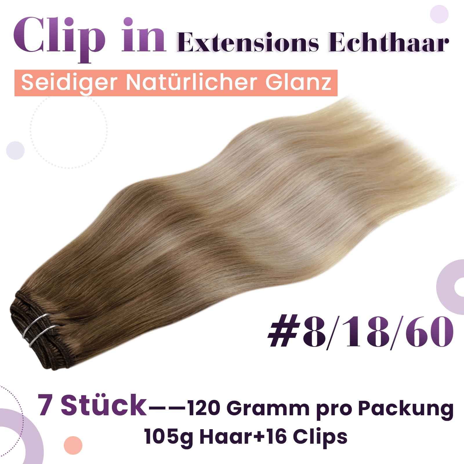 LaaVoo Clip in Extensions Echthaar Blond Balayage Echthaar Extensions Clip in Hellbraun Ombre Aschblond Platinblond Haarverlängerung Echthaar Clip #8/18/60 35cm 105g 7pcs