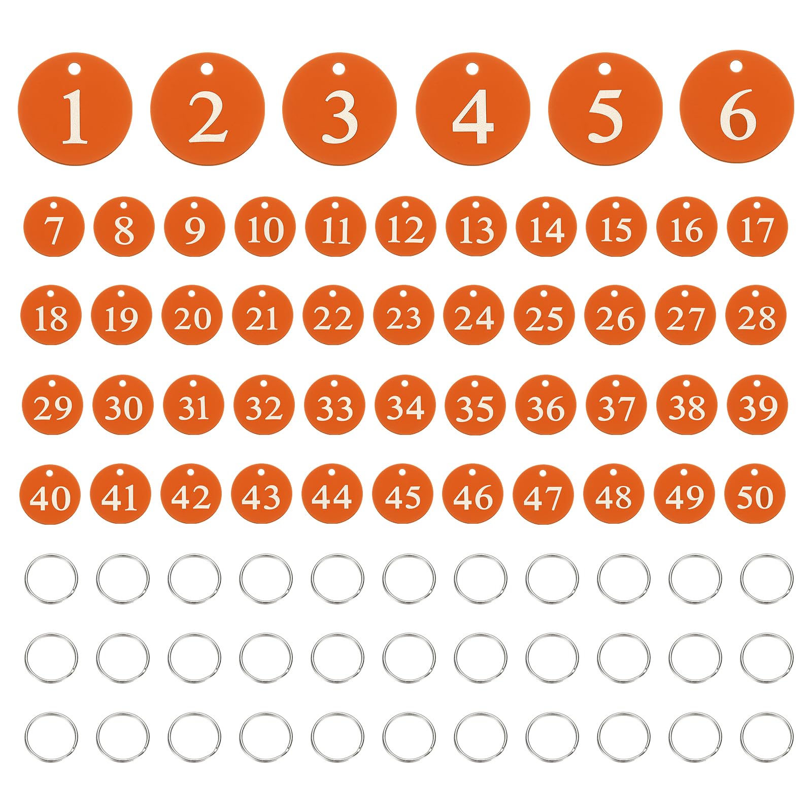 PATIKIL 50PCS Number Tags 1-50, Table Number Key Tags Aluminum Numbered Keychain Metal Round with Key Rings for Organizer Field Sales Hangers Clothes Labels ID, Orange