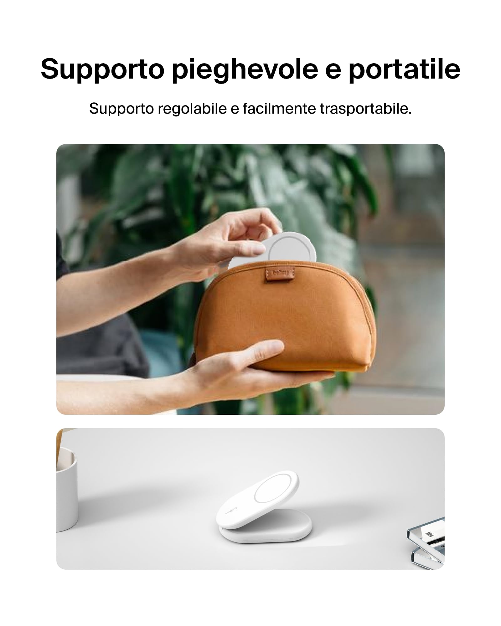 Belkin BoostCharge Caricabatteria magnetico pieghevole 2 in 1 con Qi2 15 W, caricatore wireless MagSafe, ricarica rapida per Apple iPhone 15/14/13/12, base antiscivolo, alimentatore incluso, bianco