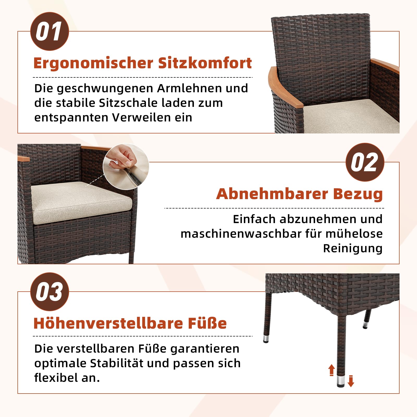 UDPATIO Gartenstühle 2er Set Rattan mit Kissen, Wetterfeste Gartenmöbel, Gartenstuhl Hochlehner für Balkon Terrasse, Outdoor Lounge Sessel, 60x59x85cm, Braun