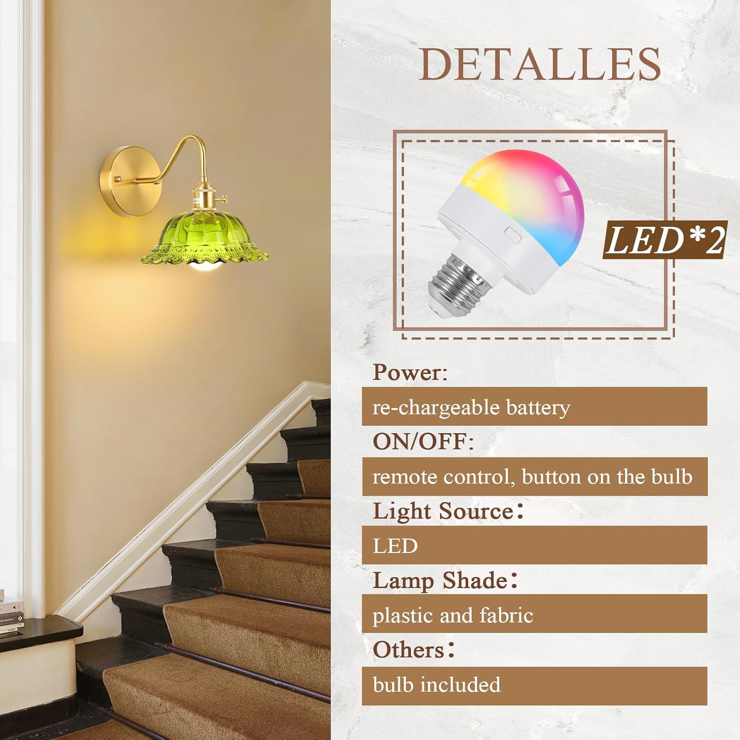 Battery Operated Wall Sconce Vintage, Wireless Rechargeable RGB Wall Light Set of 2，Green Glass Lampshade Wall Lights with Remote Control for Bedroom,Bedside,Mirror,Living Room