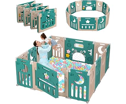 Baby Playpen, Dripex Baby Playard for Babies and Toddlers, 14-Panel Foldable Playpen Adjustable Portable Play Area, Indoor/Outdoor Kids Active Center with Game Panel & Safety Gate, Green White