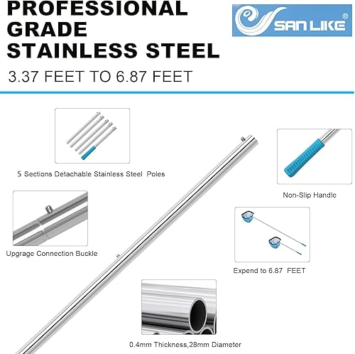 Miniatura 3 de SANLIKE Desnatador de piscina, red de piscina con poste de acero inoxidable de 6.8 pies, 5 secciones, redes de piscina para limpiar los mejores