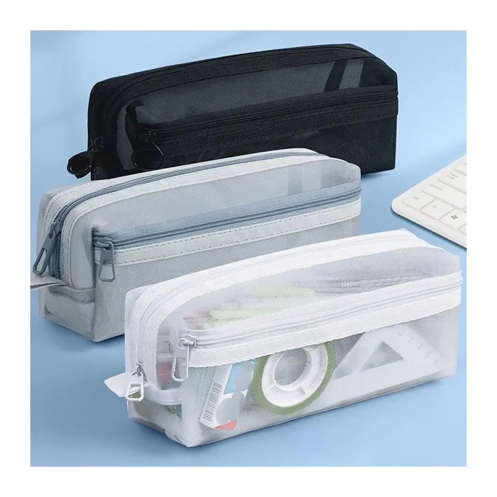 Borsa portapenne a doppia rete for scuola e ufficio | Grande capacità, trasparente, cerniera, forniture for esami(Gray)