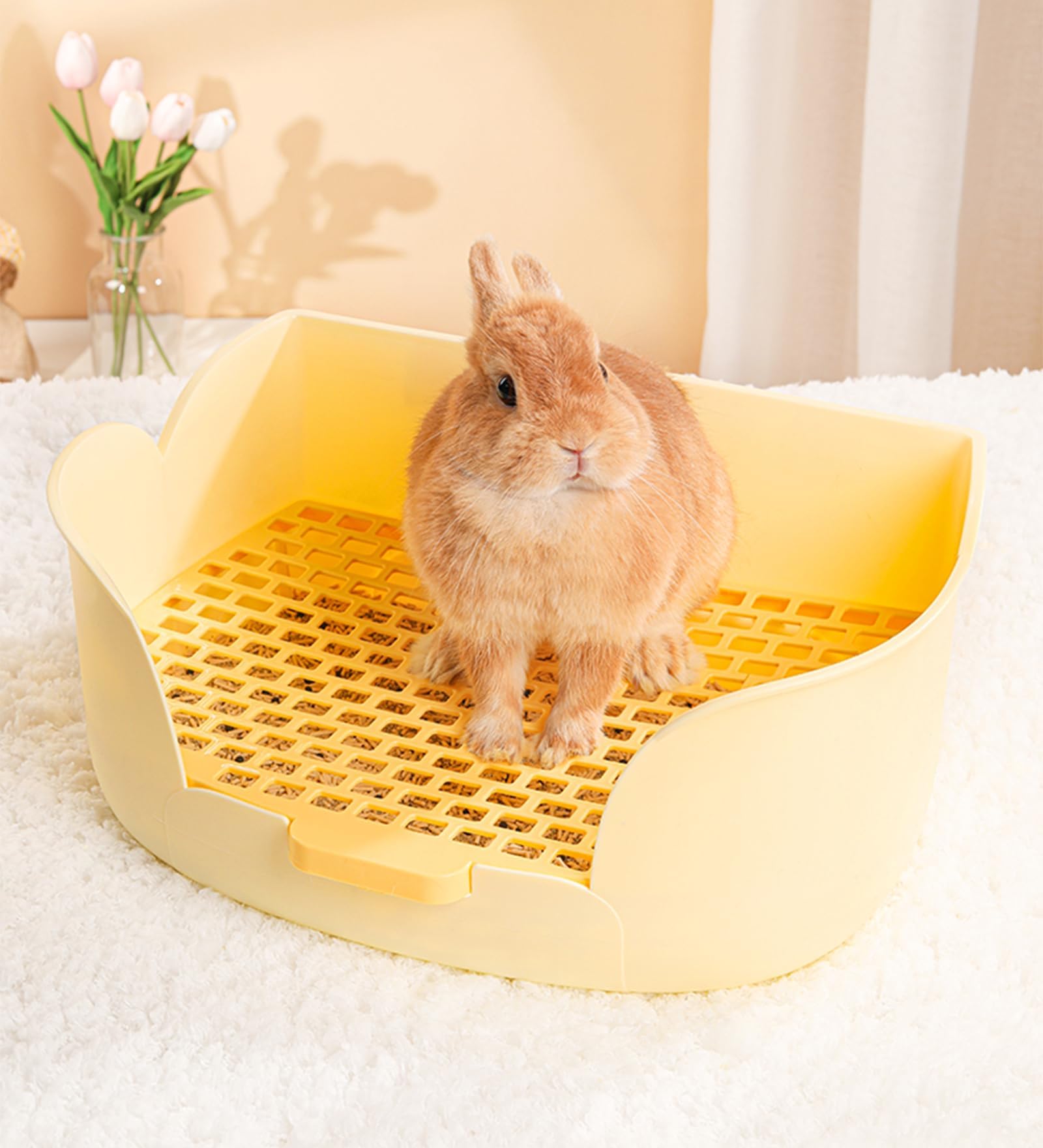 Misyue Large Rabbit Litter Box Cage Plastic Grid & Dump Tray - Pet Waste Station for Bunny Supplies for Adult Guinea Pigs, Chinchilla, Ferret, Galesaur, Small Animals (Yellow)