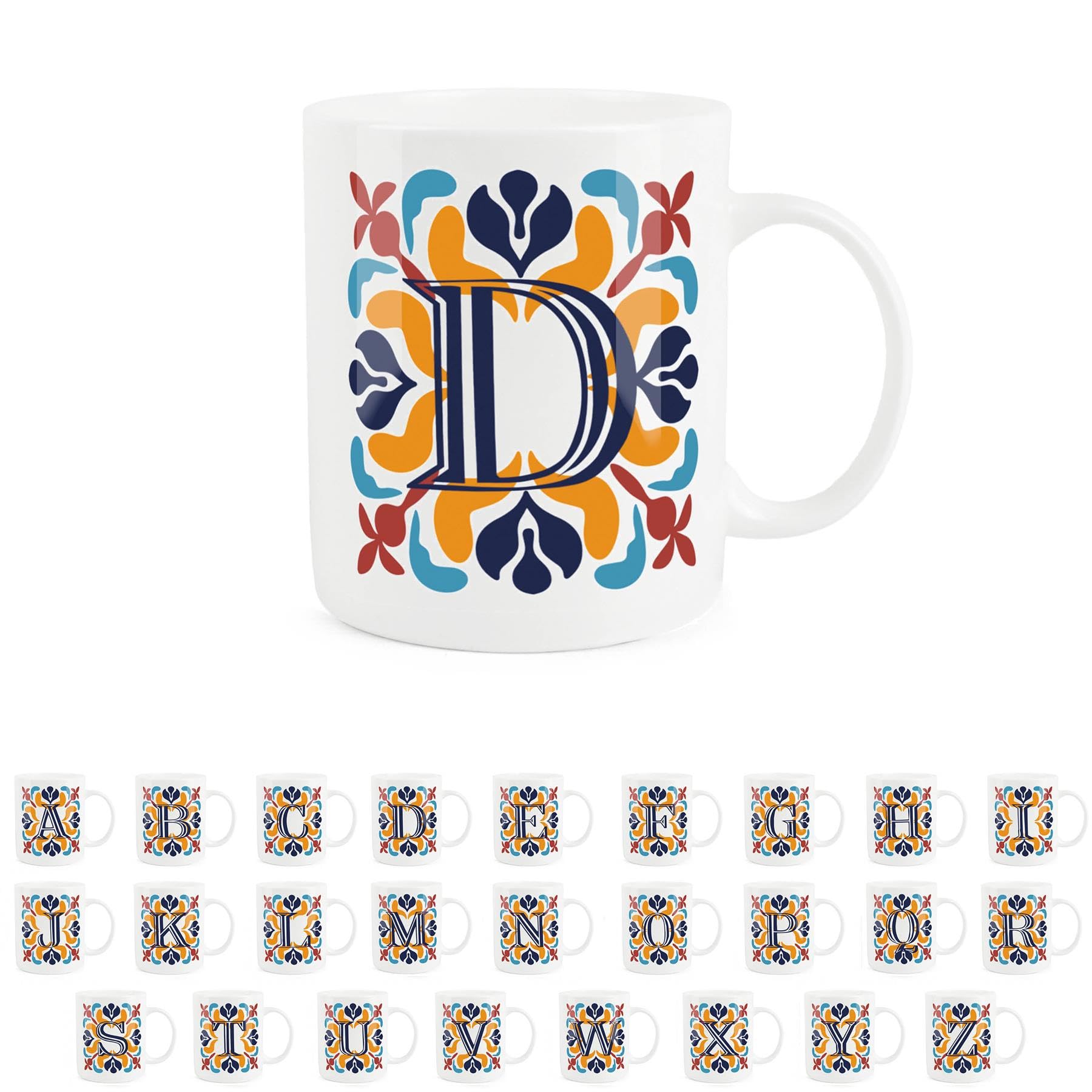 Purely Home Moroccan Tile Red & Navy Blue Letter D Mug - White Initial Personalised Alphabet Tea Coffee Bone China Mug