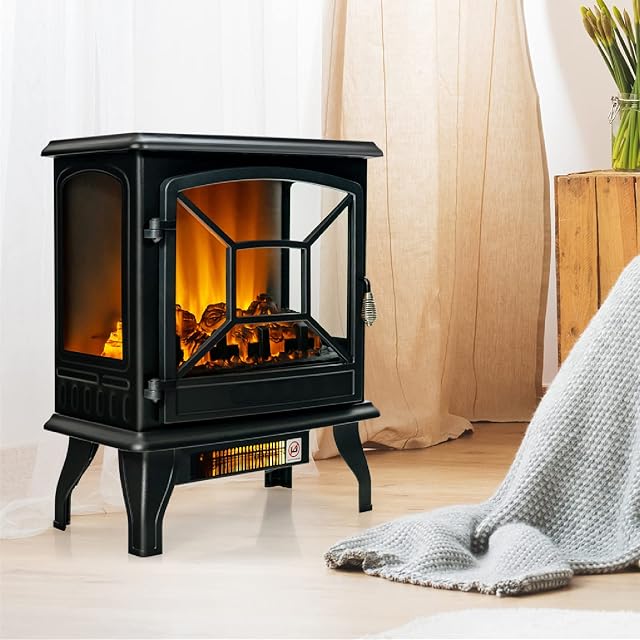 GiantexUK Freestanding Electric Fireplace, 1800-2000W Fire Heater with Adjustable Temperature, Overheat Protection and Realistic Flame Effect, Indoor Space Stove Heater (Single Door)