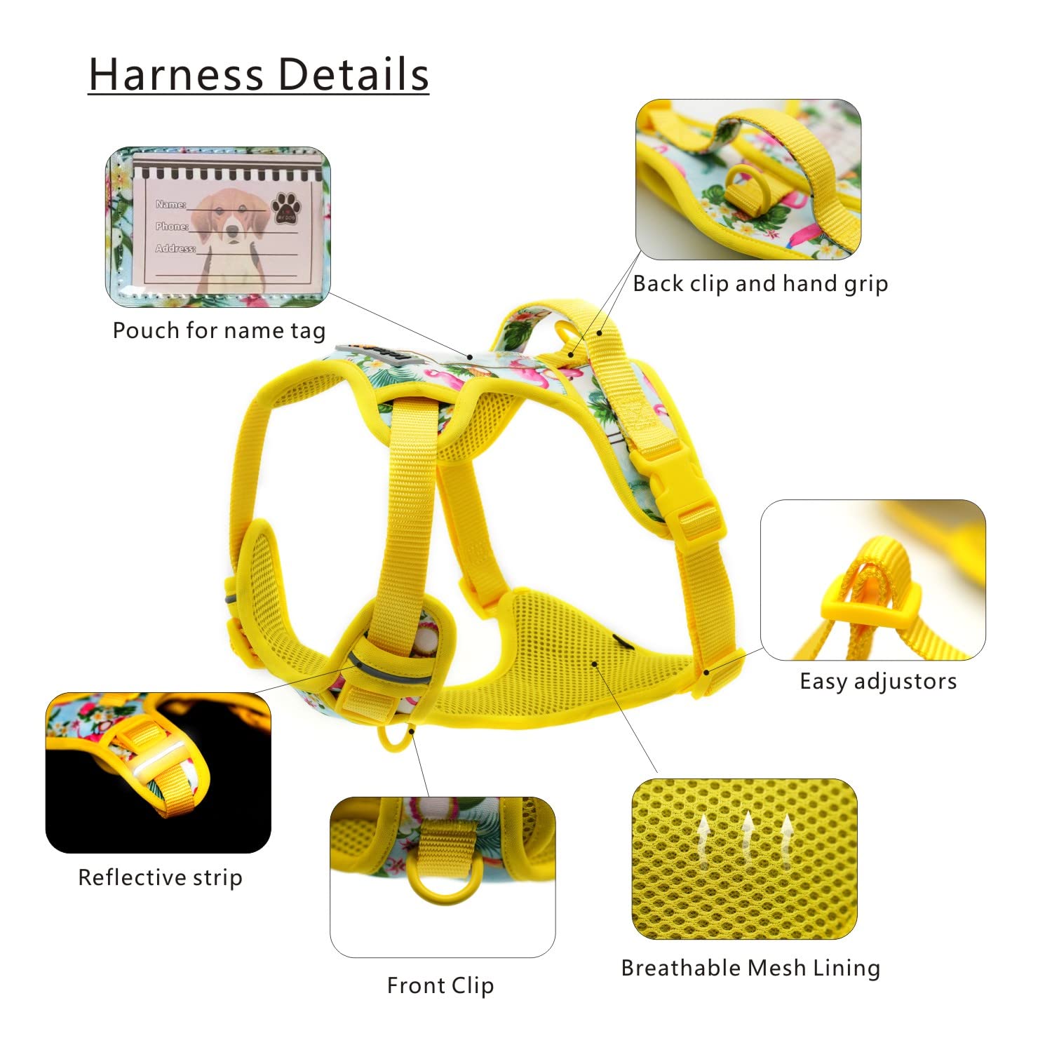 Hundegeschirr, Halsband, 1.5 m, Leine, Kotbeutelhalter-Set, reflektierend, verstellbar, kein Ziehen, Hundeweste mit Sicherheitsverschluss, einfache Kontrolle, für kleine, 4 Stück, XL-Gelb