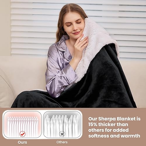 Miniatura 3 de Mantas de forro polar Sherpa tamaño Queen para cama, manta suave y mullida, mantas gruesas y cálidas para todas las estaciones, color negro, 90 x 90